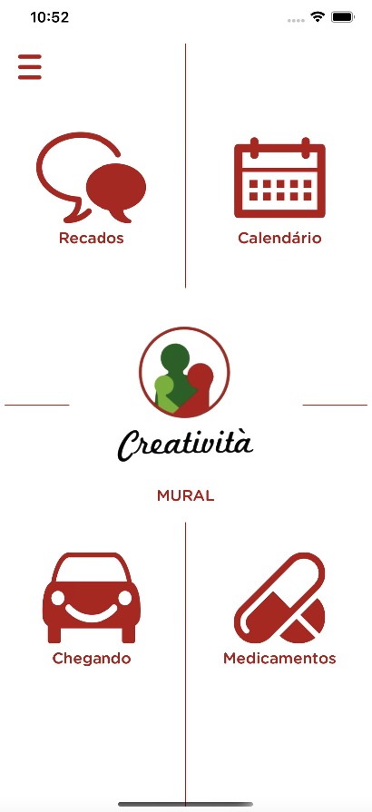 Menu do aplicativo da Escola Creativitá